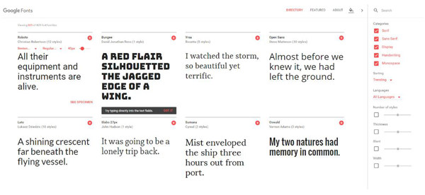 進入Google Fonts網站，點選想用的字型，并可依需求選擇想要的字型樣式、大小變化等。